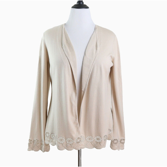 Ann Taylor Size 8 Open Eyelet Trim Cardigan Sweater Open Front Beige - Picture 1 of 10